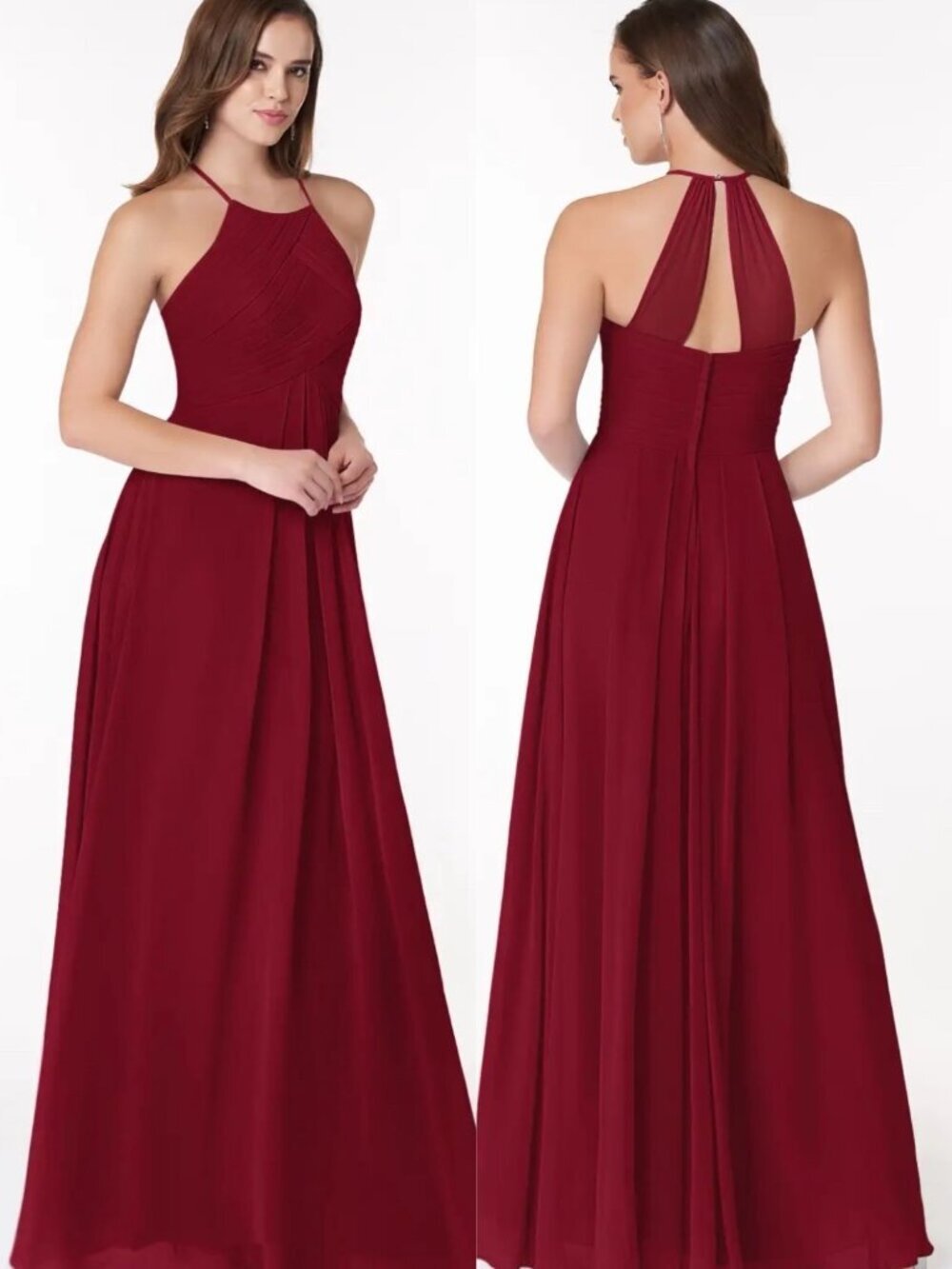Azazie Halter Pleated Chiffon Bridesmaid Maxi Dress Burgundy M / C Formal Prom